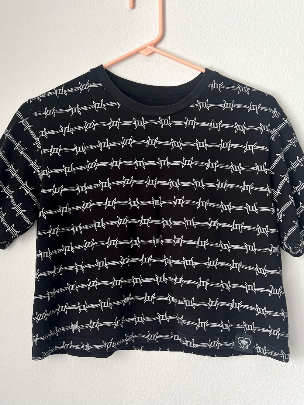 Bad Monday Black Crop Tee with White Barbed Wire Print